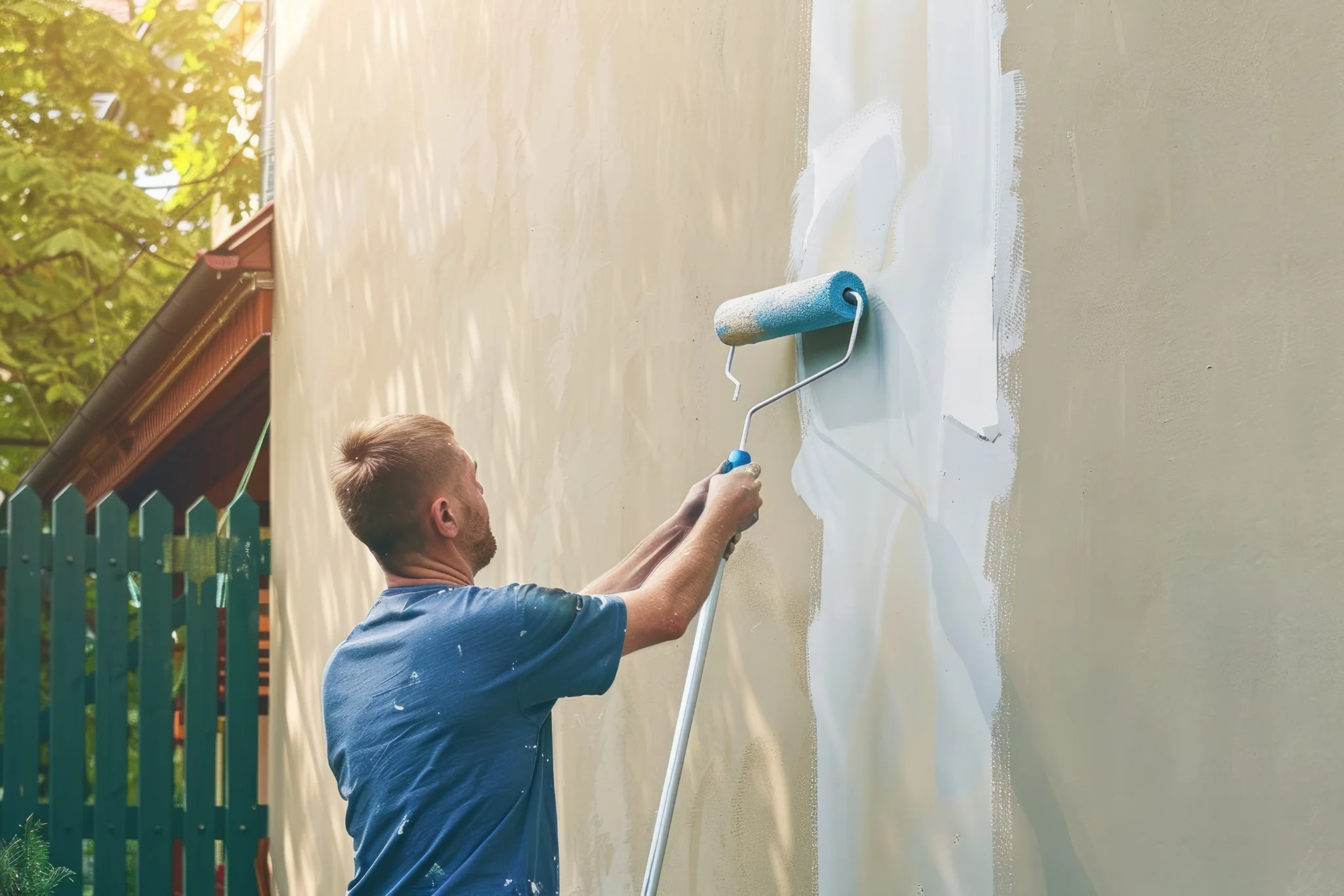 Professional painter applying exterior paint to a residential wall in Orange County
