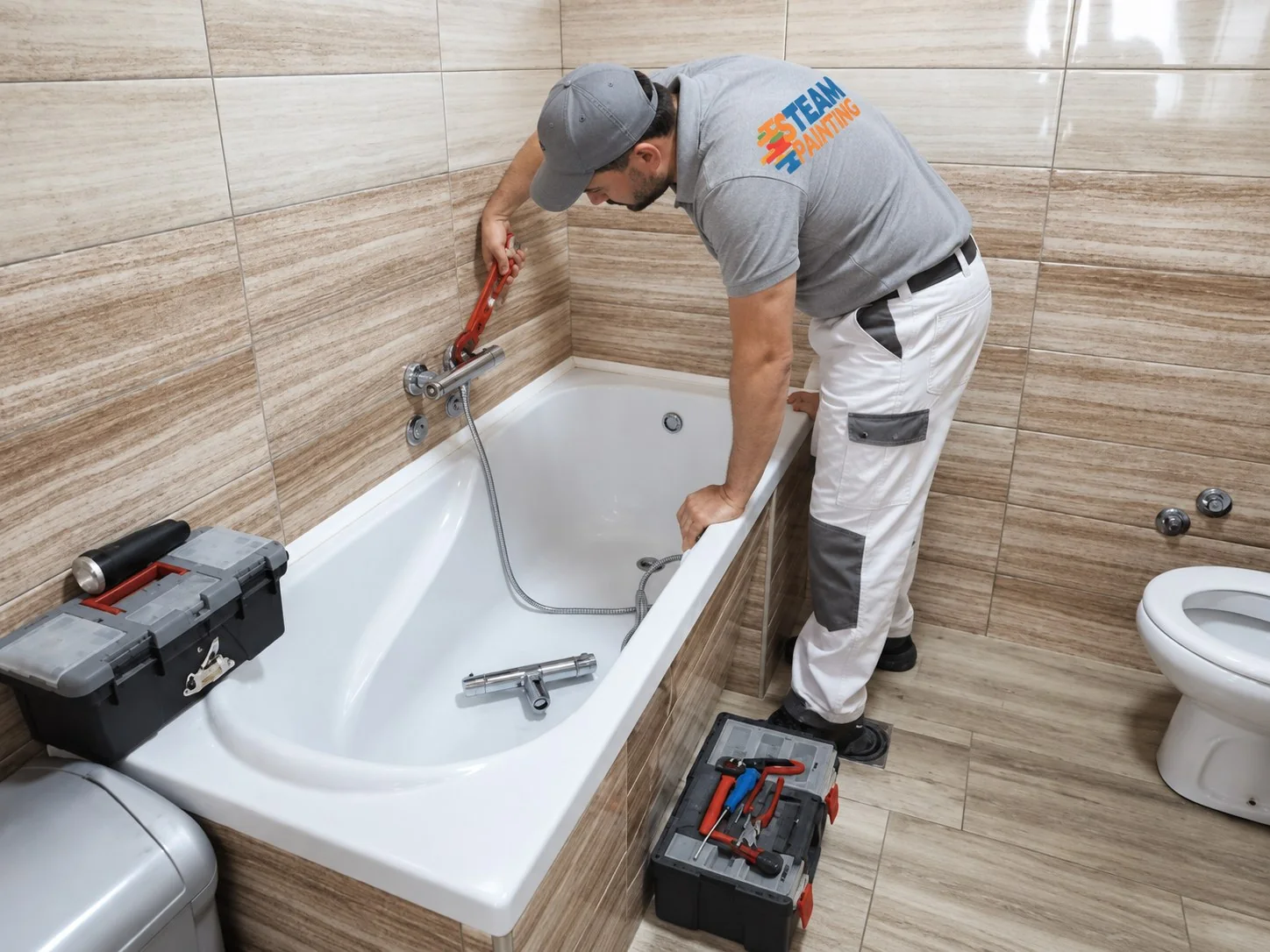 S-Team Painting technician working on bathtub repair and reglazing